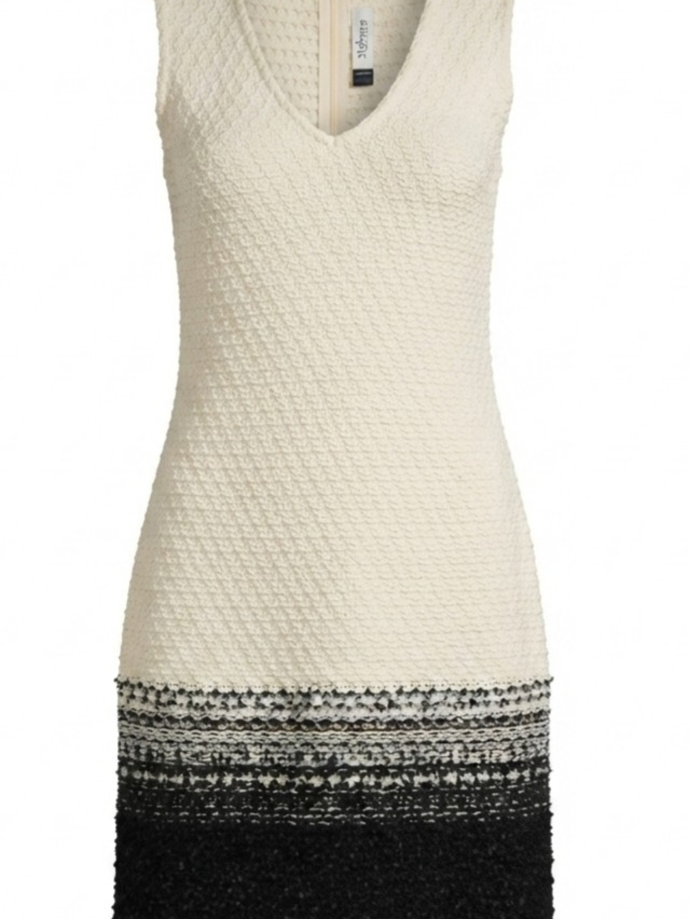 St John Textured Sleeveless V-Neck Knit Dress - Ivory and Black